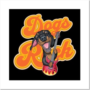 Cute Doxie Dog with guitar on Dachshund Dogs Rock tee Posters and Art